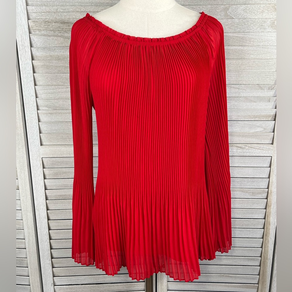 AGB Pleated Off Shoulder Blouse w Flared Sleeves Red-Medium